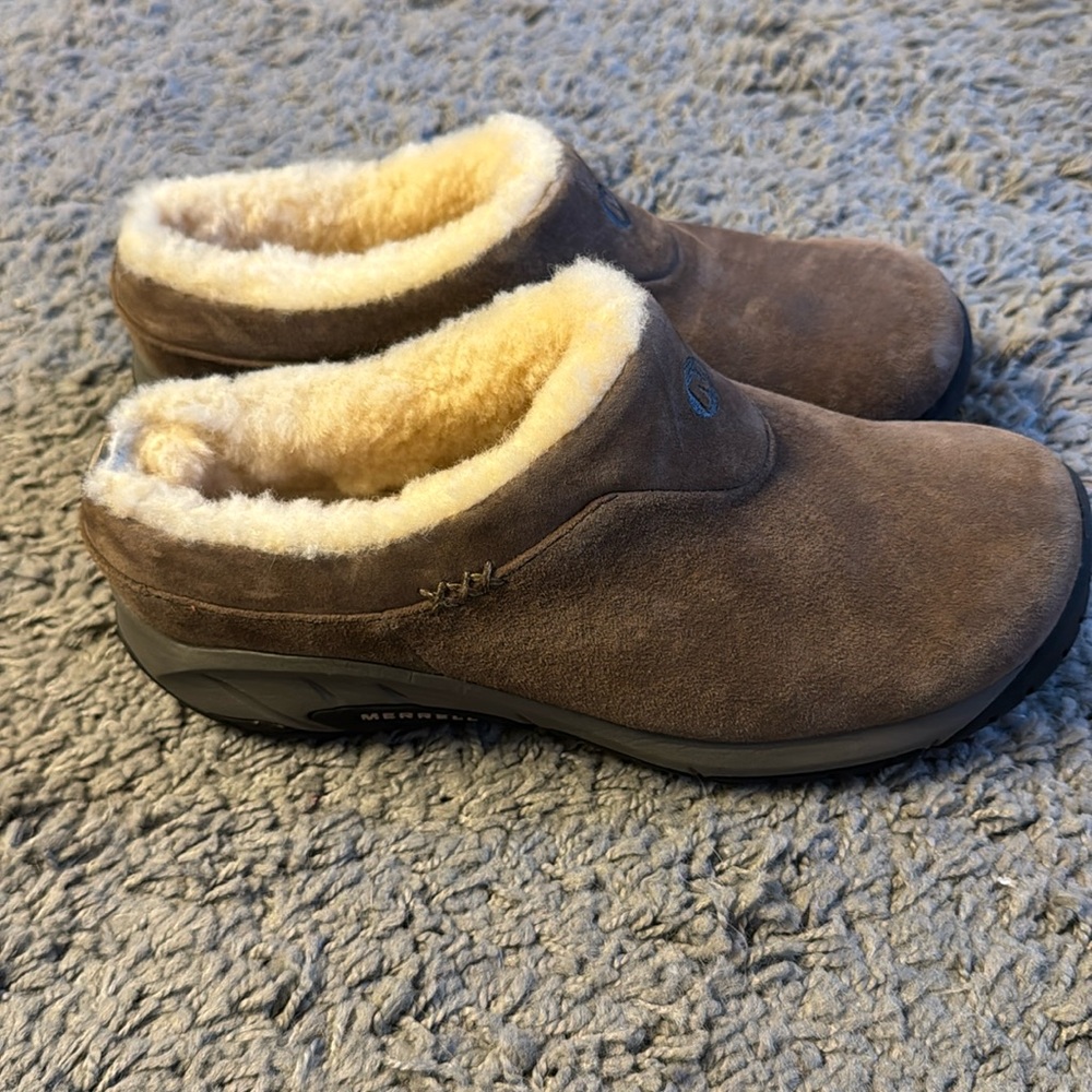 Merrell Encore Ice Beige Leather Shearlin Slip on Comfort Shoes Clog Size 8